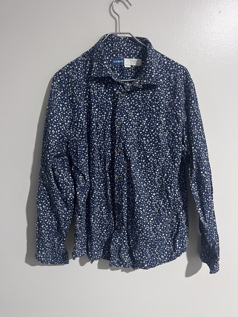 Old Navy Button-Up Womens L Blue Tunic Floral Stretch Cotton Spandex Casual